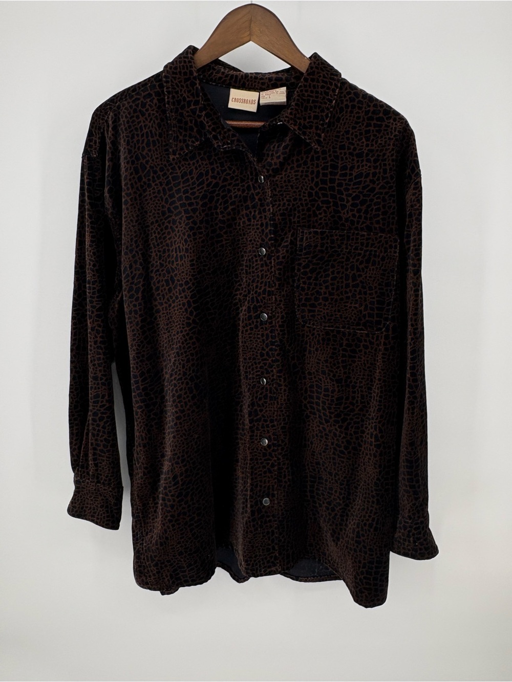 Vintage Crossroads Textured Cotton Blouse L Brown Animal Print Shacket 90s